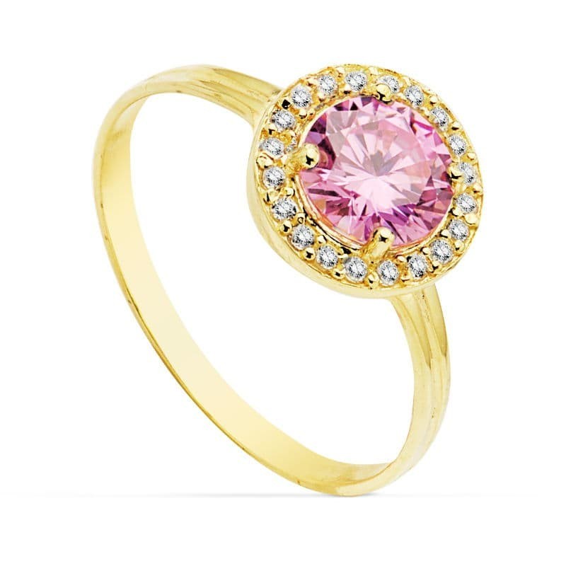 Sortija Oro Amarillo Motivo Redondo Circonita Rosa 6 mm. Ancho: 9 mm oro 18k