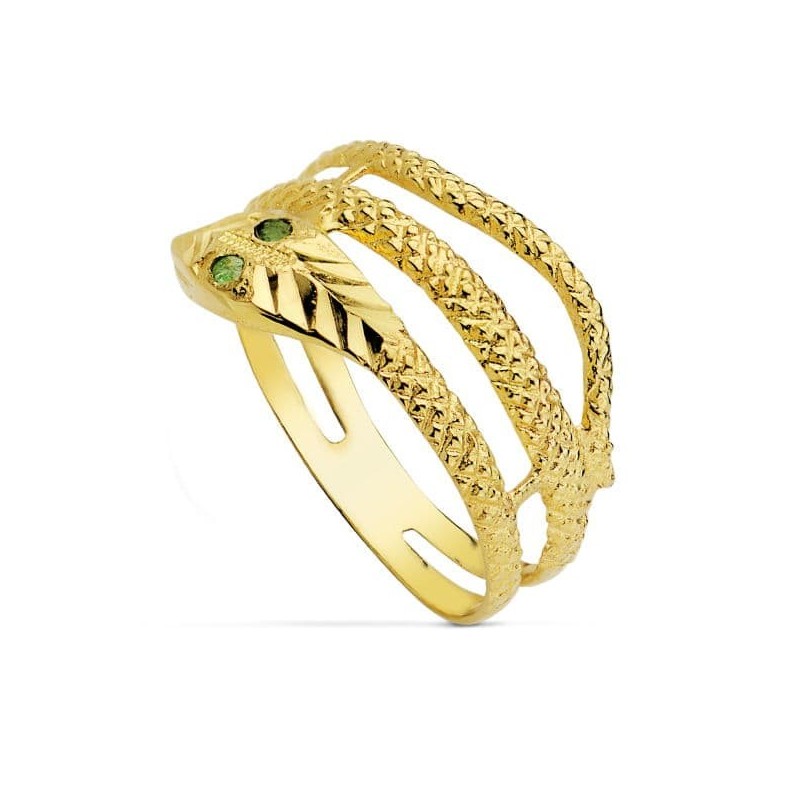 Sortija Oro Amarillo Serpiente 2 Vueltas Ojos Esmeraldas. Ancho: 10 mm oro 18k