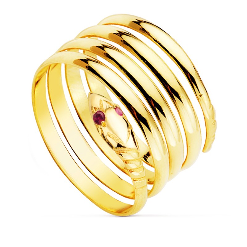Sortija Oro Amarillo Serpiente 4 Vueltas Con Ojo De Rubies oro 18k