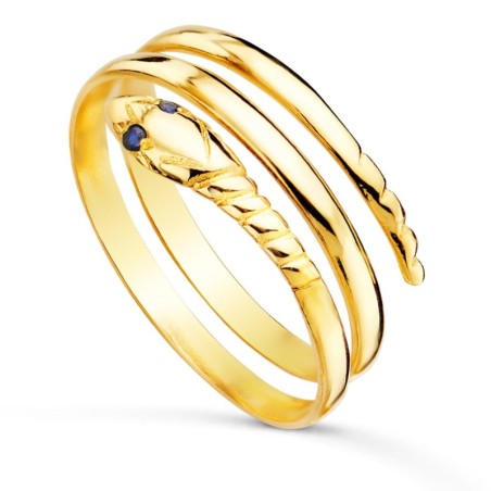 Sortija Oro Amarillo Serpiente 2 Vueltas Con Ojos Azules oro 18k