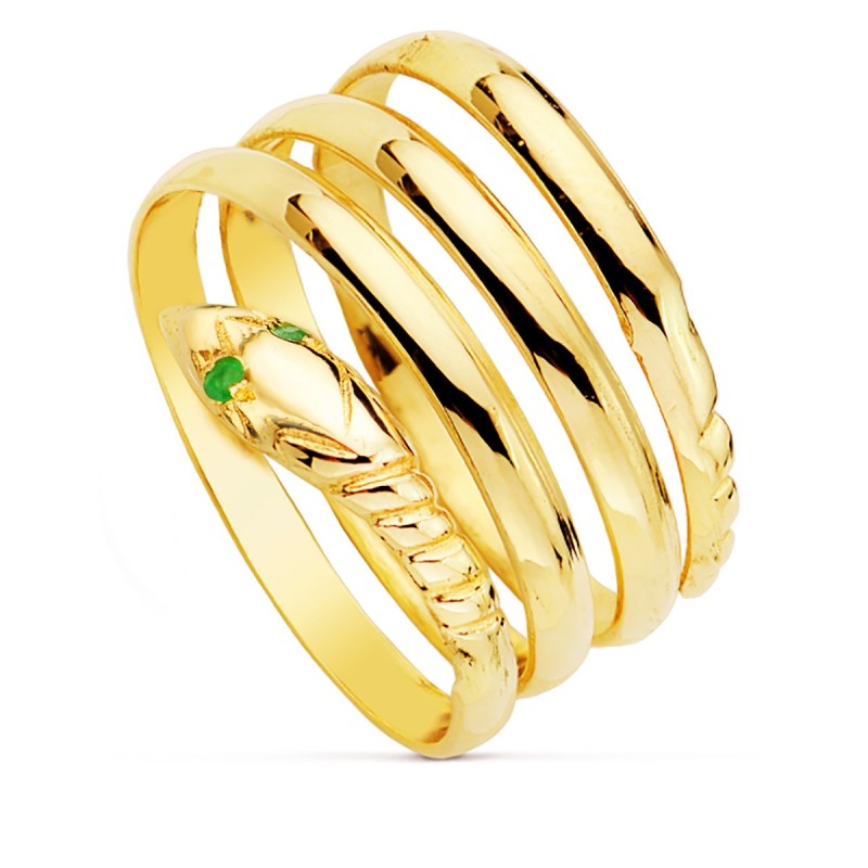 Sortija Oro Amarillo Serpiente Cuerpo 3 Vueltas Ojos Esmeraldas oro 18k