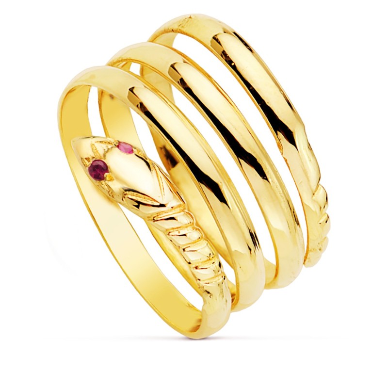 Sortija Oro Amarillo Serpiente Cuerpo 3 Vueltas Ojos Rubi oro 18k