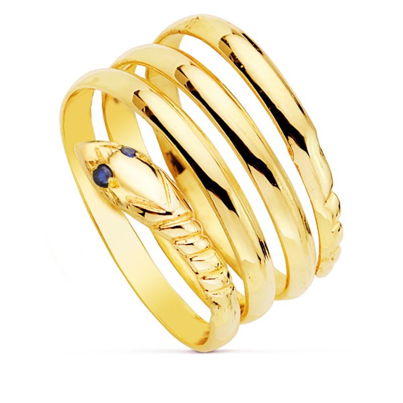 Sortija Oro Amarillo Serpiente Cuerpo 3 Vueltas Ojos Zafiro oro 18k