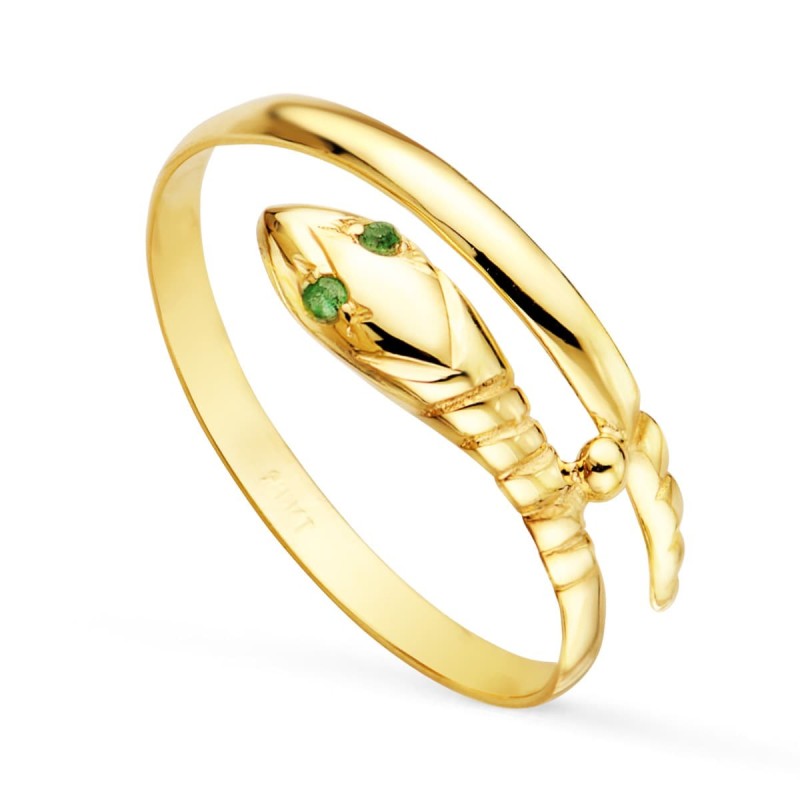 Sortija Oro Amarillo Serpiente 1 Vuelta Con Ojos Circonita Verdes. oro 18k