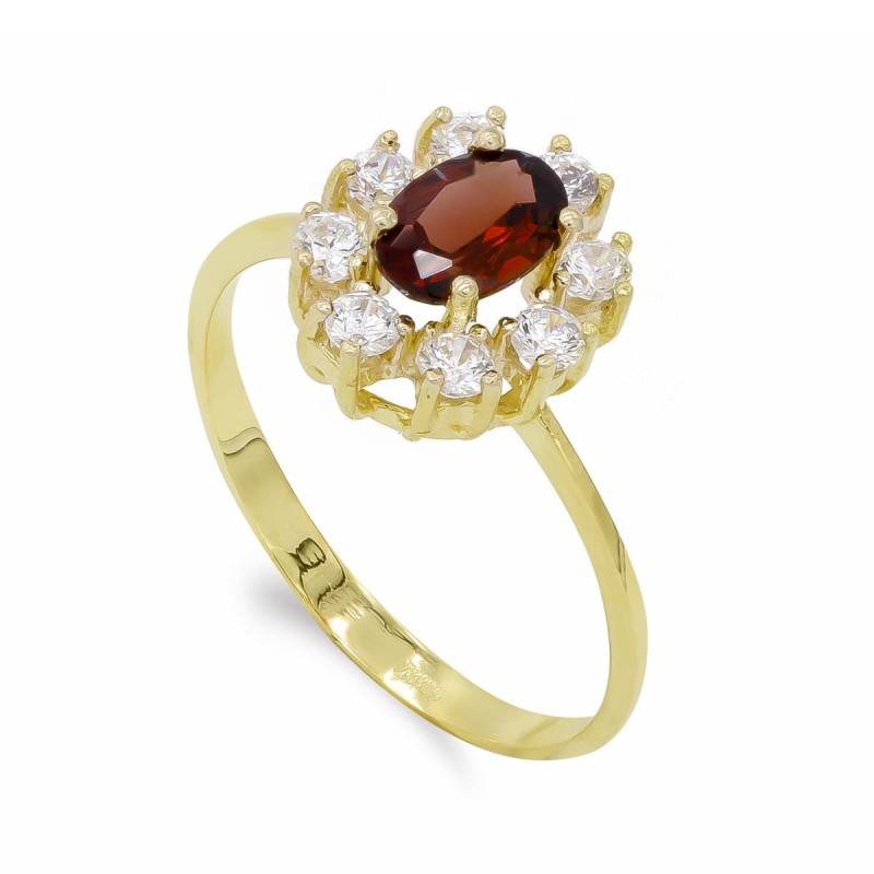 Sortija Oro Amarillo Cuajo Granate 7X5 mm Y Circonitas. oro 18k