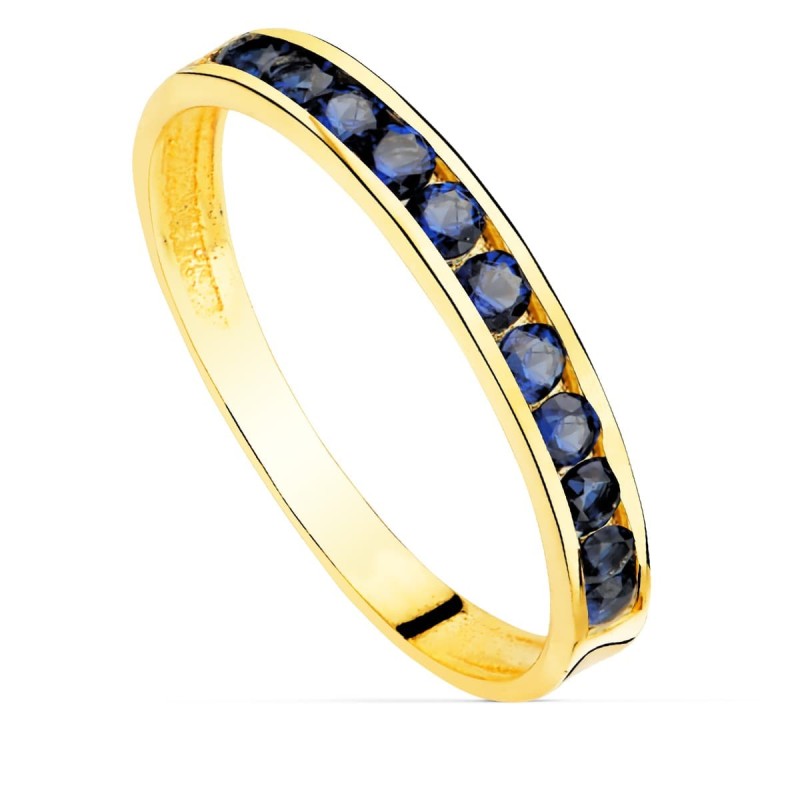 Sortija Oro Amarillo Circonita Azules. Ancho Cuerpo 2.5 mm oro 18k