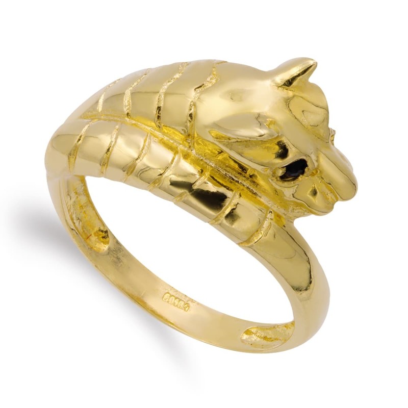 Sortija Oro Amarillo Cabeza Puma Ojos Zafiro. Ancho: 11,5 mm oro 18k