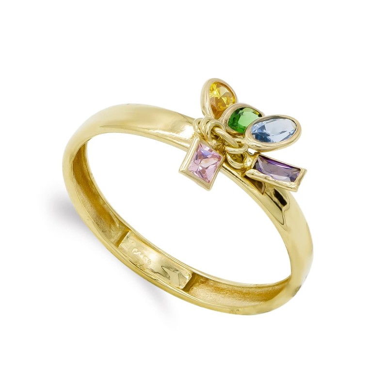 Sortija Oro Amarillo Cinco Piedras De Colores. Ancho 3 mm oro 18k