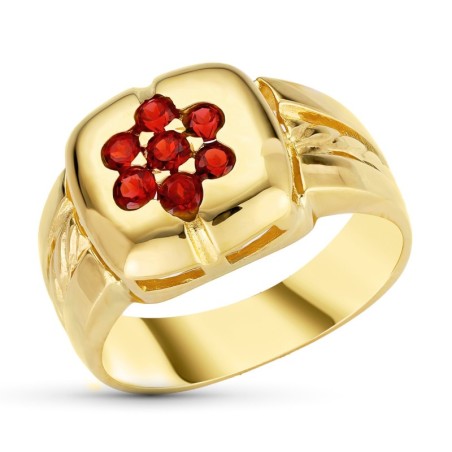 Sortija Oro Amarillo Motivo Cuadrado Con Circonitas Granates. Ancho: 12 mm oro 18k