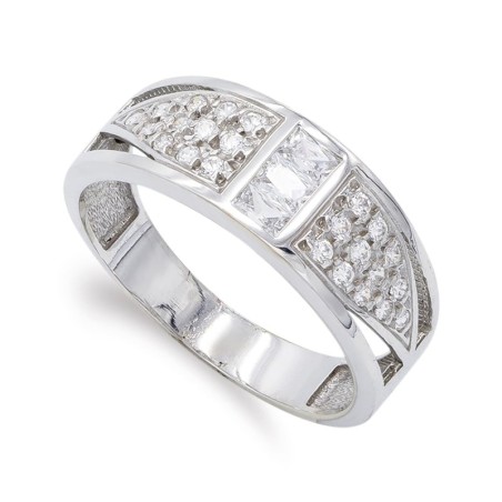 Sortija Oro Blanco Con Circonitas. Ancho: 7 mm oro 18k