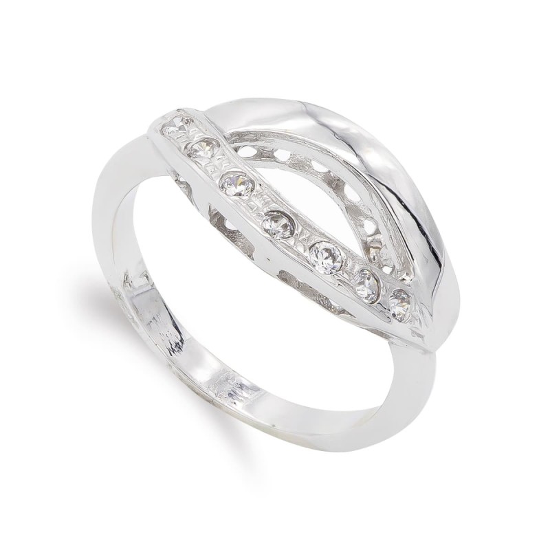 Sortija Oro Blanco Con Circonitas. Ancho: 9,5 mm oro 18k