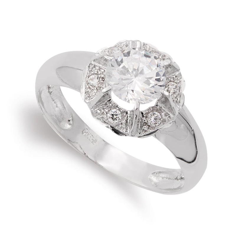 Sortija Oro Blanco Con Circonita Y Garras. Ancho: 11 mm oro 18k