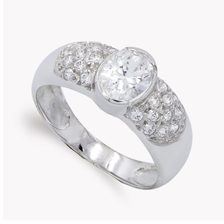Sortija Oro Blanco Con Circonitas. Ancho: 7 mm oro 18k