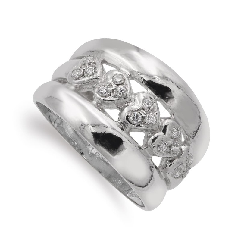 Sortija Oro Blanco Corazones Y Circonitas. Ancho: 13 mm oro 18k