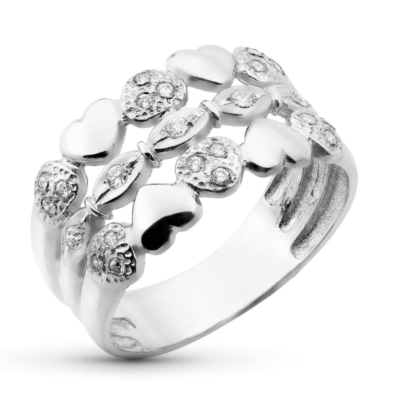 Sortija Oro Blanco 3 Hilos Con Corazones. Ancho: 11,5 mm oro 18k