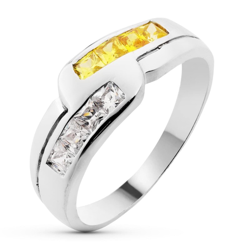 Sortija Oro Blanco Con Circonita Color Amarillo. Ancho: 7,5 mm oro 18k