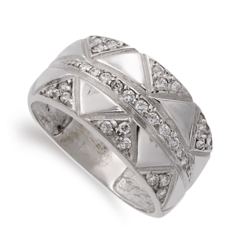 Sortija Oro Blanco Rombos Y Circonita Ancho: 10 mm oro 18k