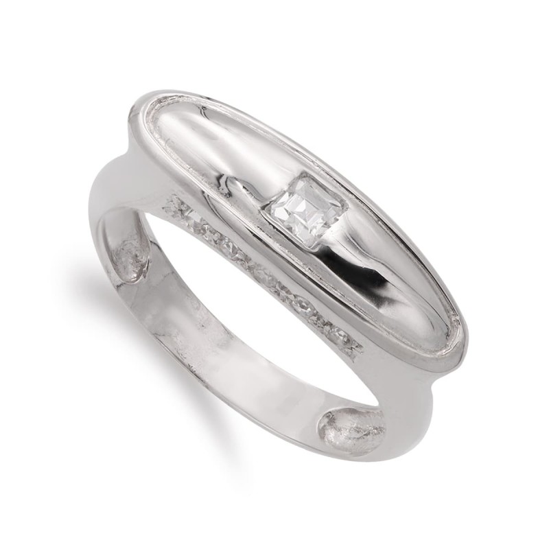 Sortija Oro Blanco Con Circonitas. Ancho: 7 mm oro 18k