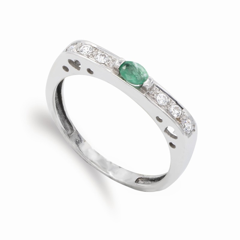 Sortija Oro Blanco Esmeralda 4,5 X 3 mm Y Circonita. Ancho: 3 mm oro 18k