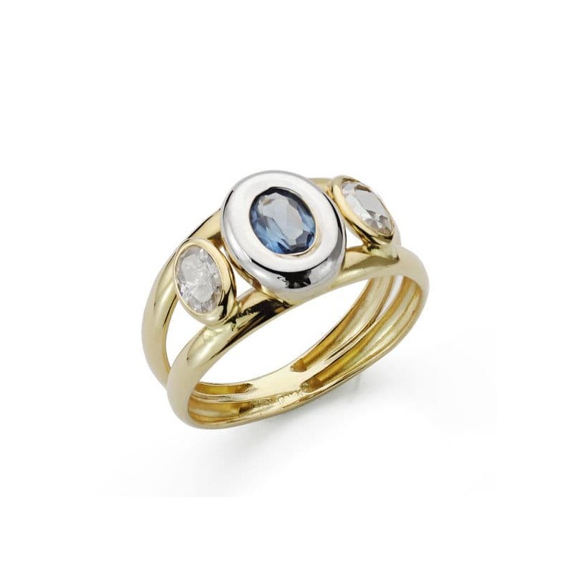 Sortija Oro Bicolor Piedra Doble Cuerpo Con Circonita Aguamarina Oval En Bocel. Ancho: 10 mm oro 18k