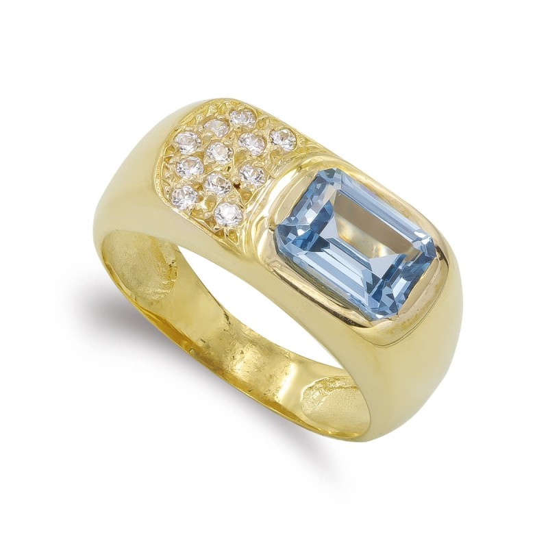 Sortija Oro Amarillo Aguamarina Y Circonita 8X6 mm oro 18k