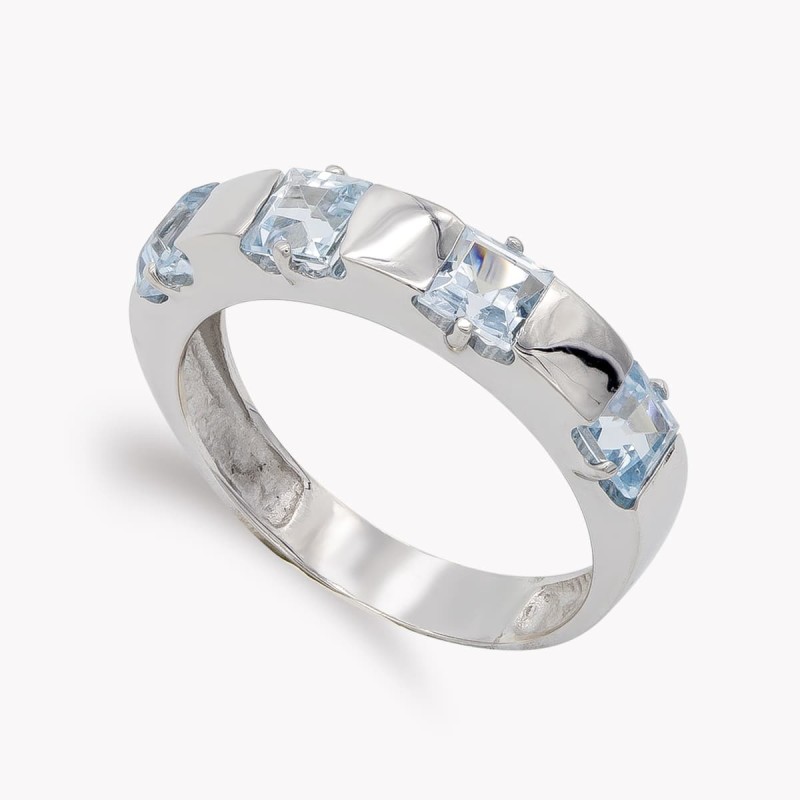 Sortija Oro Blanco Y Circonita Color Aguamarina. Ancho: 4 mm oro 18k