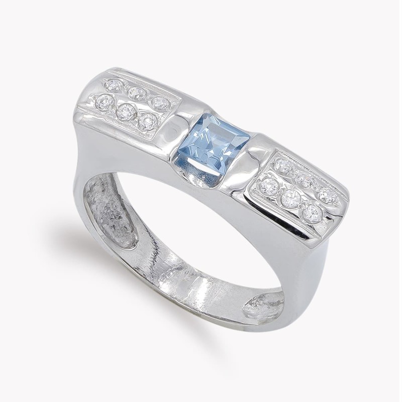 Sortija Oro Blanco Circonita Aguamarina Y Blancas. Ancho: 6,5 mm oro 18k