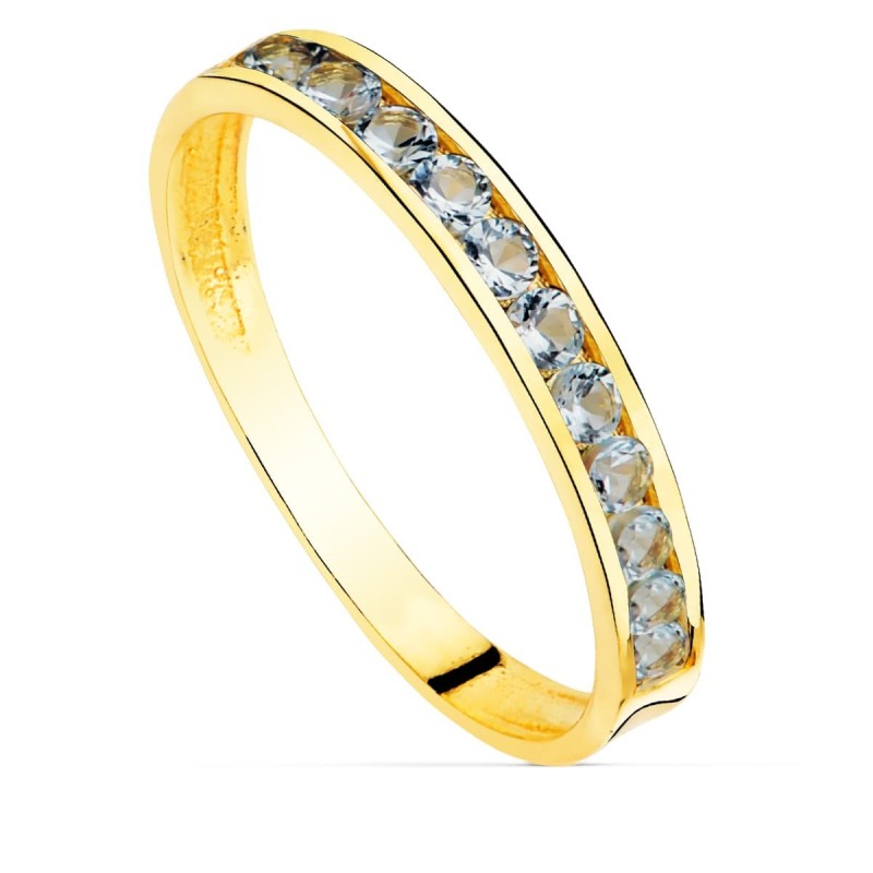 Sortija Oro Amarillo Circonita Aguamarina Ancho Cuerpo 2.5 mm oro 18k