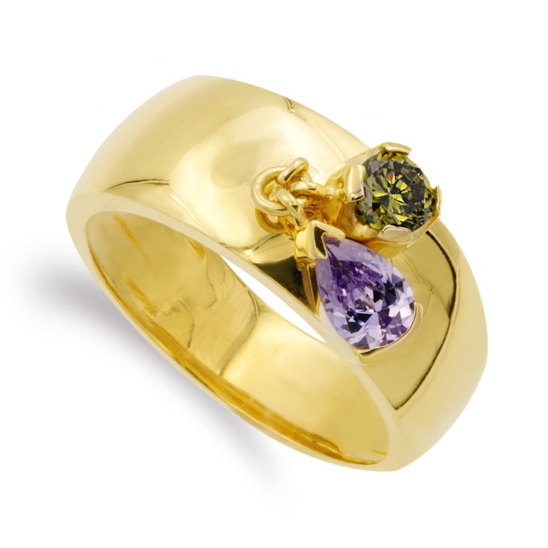 Sortija Oro Amarillo Dos Piedras Color Amatista Y Olivina. Ancho: 8,5 mm oro 18k