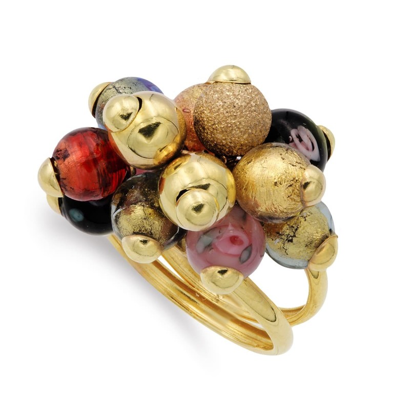 Sortija Oro Amarillo Doble Hilos Con Bolitas De Murano 16 mm Cuerpo 4 mm oro 18k