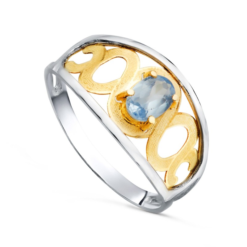 Sortija Oro Bicolor Motivos Calada Y Piedra Oval Aguamarina 6X 3,5 mm. Ancho: 11mm oro 18k
