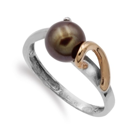 Sortija Oro Bicolor Perla Chocolate 7 mm oro 18k