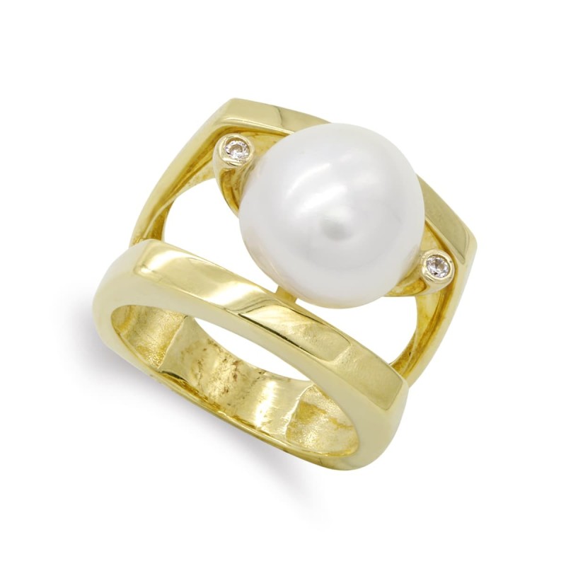 Sortija Oro Amarillo Con Perla Barroca 11,5mm Y Circonita. Ancho: 17,5mm oro 18k