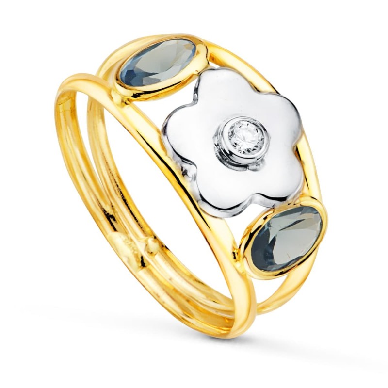 Sortija Oro Bicolor Flor Con Circonita Y Circonita Aguamarina Ovales Ancho: 9 mm oro 18k