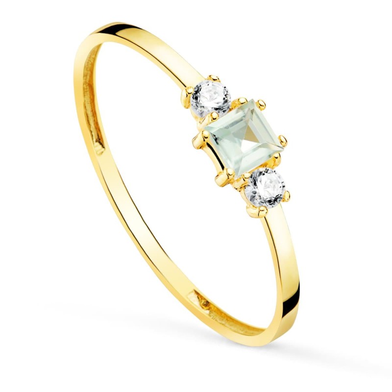 Sortija Oro Amarillo Piedra Aguamarina Y Circonita Ancho Cuerpo 1.5 mm oro 18k