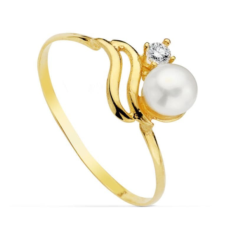 Sortija Oro Amarillo Con Perla De 5 mm Y Circonita. Ancho: 8 mm oro 18k
