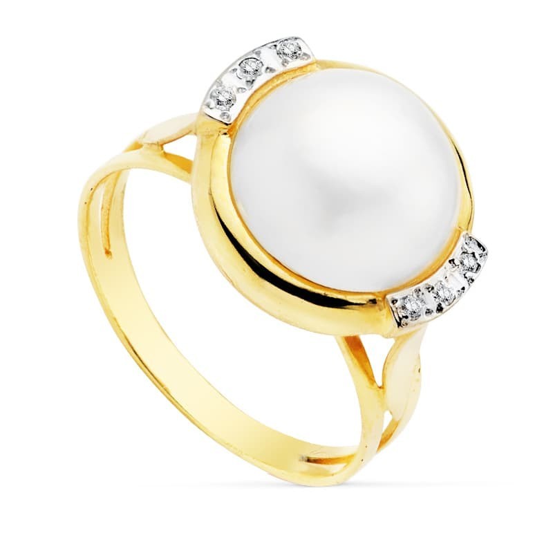 Sortija Bicolor Perla Japonesa Con Circonita 12 mm oro 18k