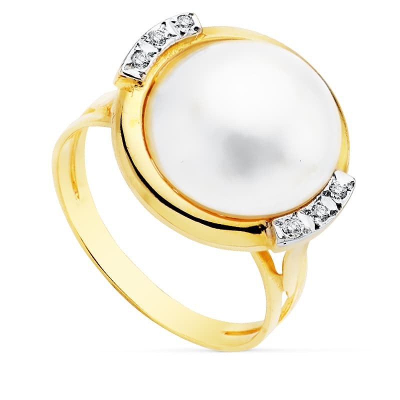 Sortija Bicolor Perla Japonesa Con Circonita 14 mm oro 18k