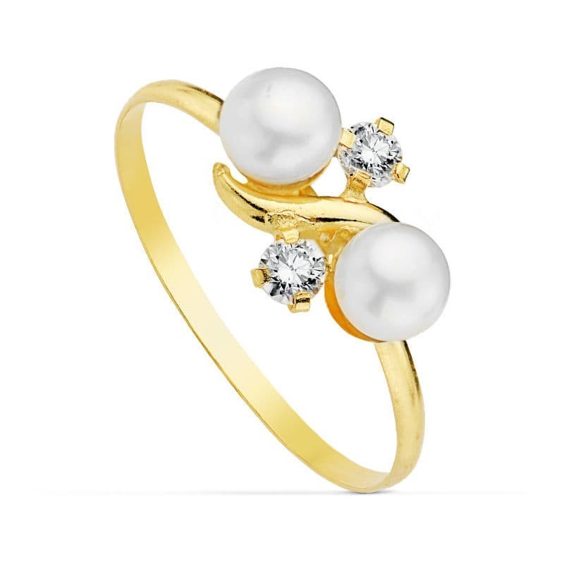 Sortija Oro Amarilo Con Dos Perlas Y Circonitas. oro 18k