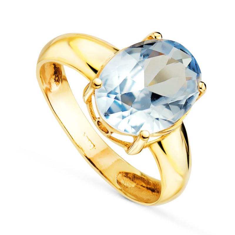Sortija Oro Amarillo Con Piedra Aguamarina Oval 12X9mm Con Garras. oro 18k