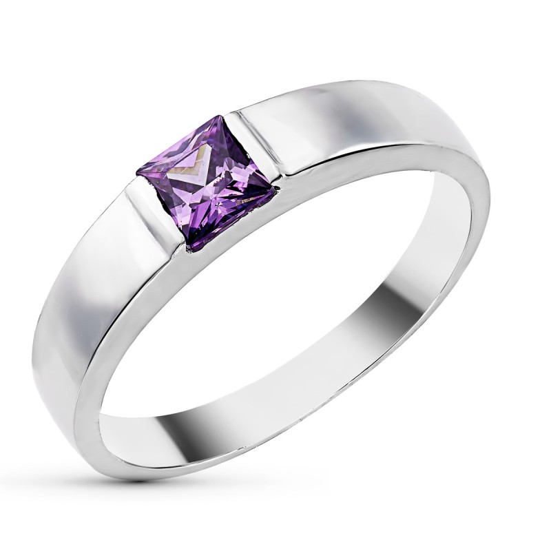 Sortija Oro Blanco Circonita Amatista Cuadrada. Ancho: 4 mm oro 18k