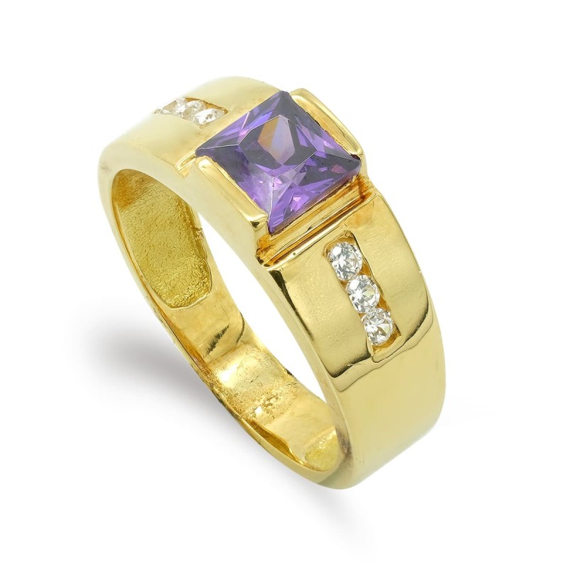 Sortija Oro Amarillo Maciza Circonita Amatista Cuadrada 5 X 5 mm. Ancho: 7 mm oro 18k