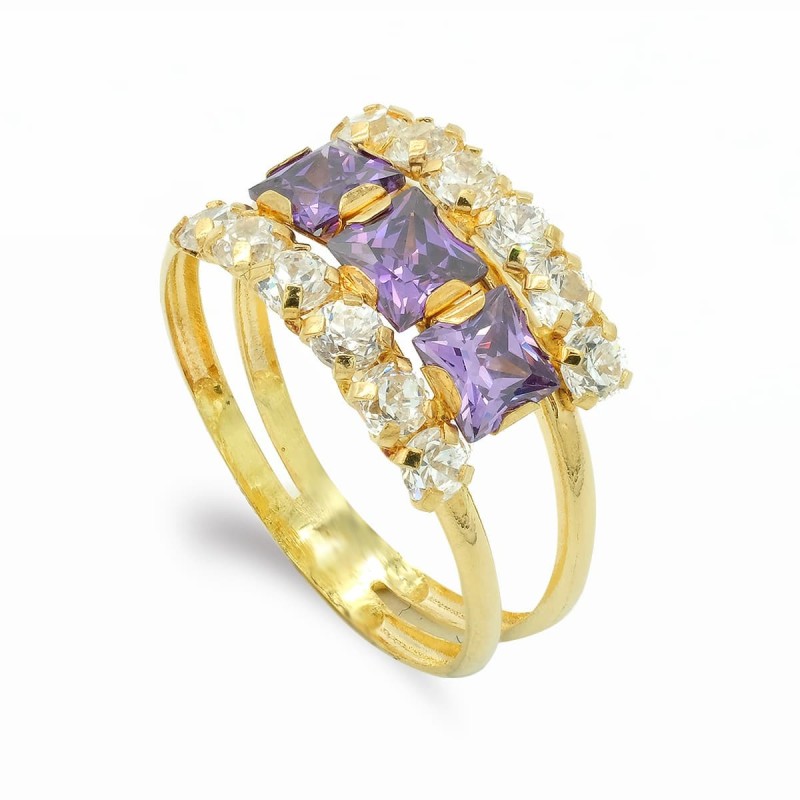 Sortija Oro Amarillo Doble Cuerpo Con Circonita Amatista Y Blancas. Ancho: 10 mm oro 18k