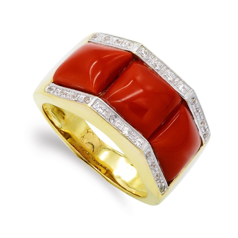 Sortija Oro Amarillo Coral Fino Cerdeña 8X8 mm Y Circonitas. Ancho: 12mm oro 18k