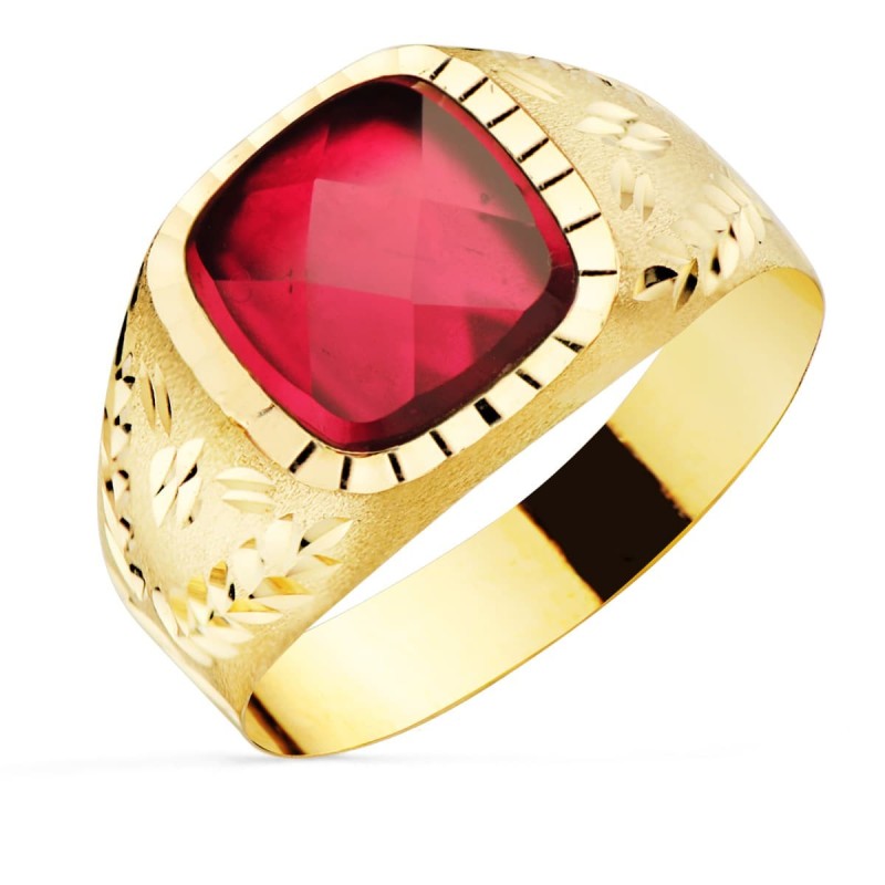 Sello Oro Amarillo Con Piedra Rubi Spinel 9X9 mm Lateral Tallado oro 18k