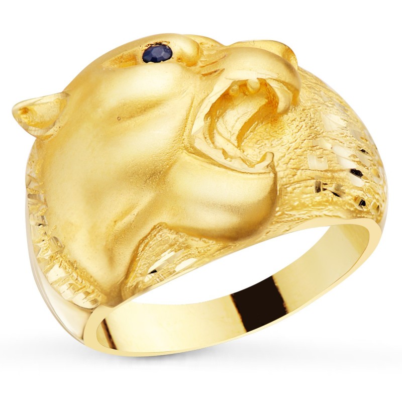 Sello Oro Amarillo Macizo Puma Ojo Zafiro Natural. Ancho 18 mm oro 18k