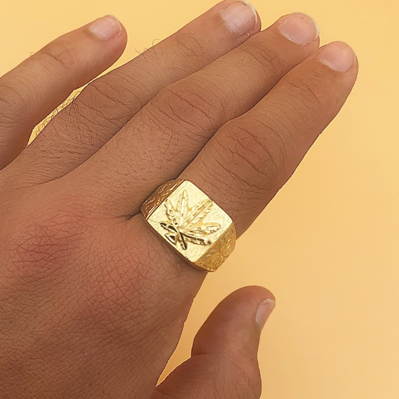 Sello Oro Amarillo Macizo Rectangular Hoja Marihuana 15X14 mm oro 18k
