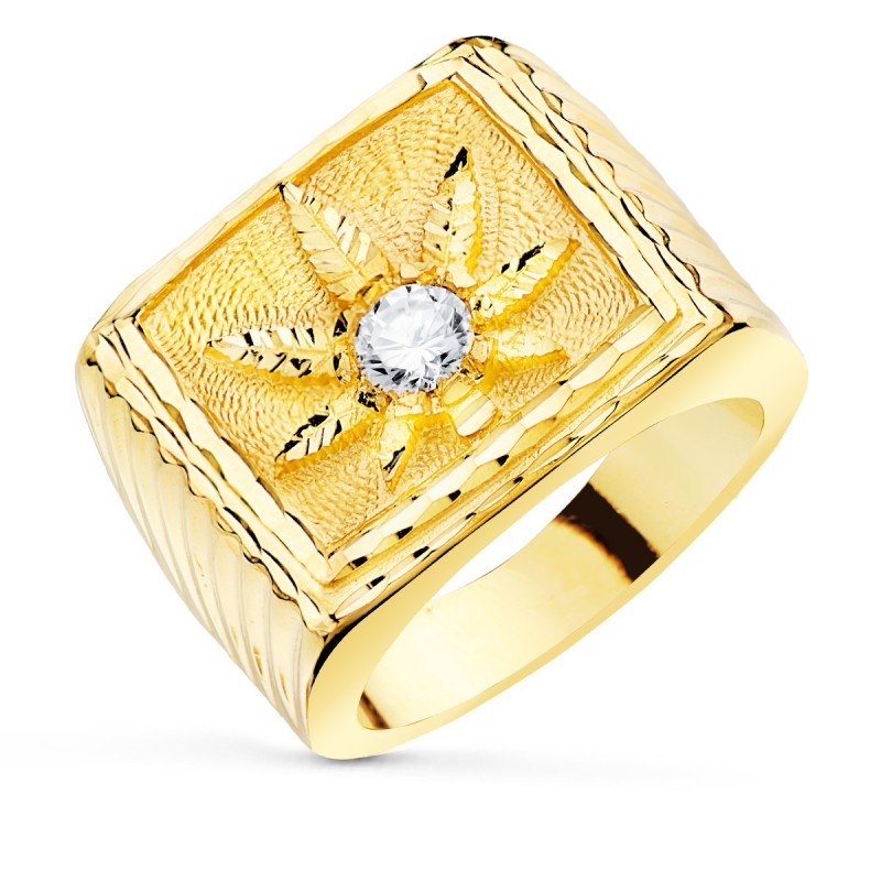 Sello Oro Amarillo Macizo Hoja De Marihuana Circonita. Rectangular 25X17 mm oro 18k