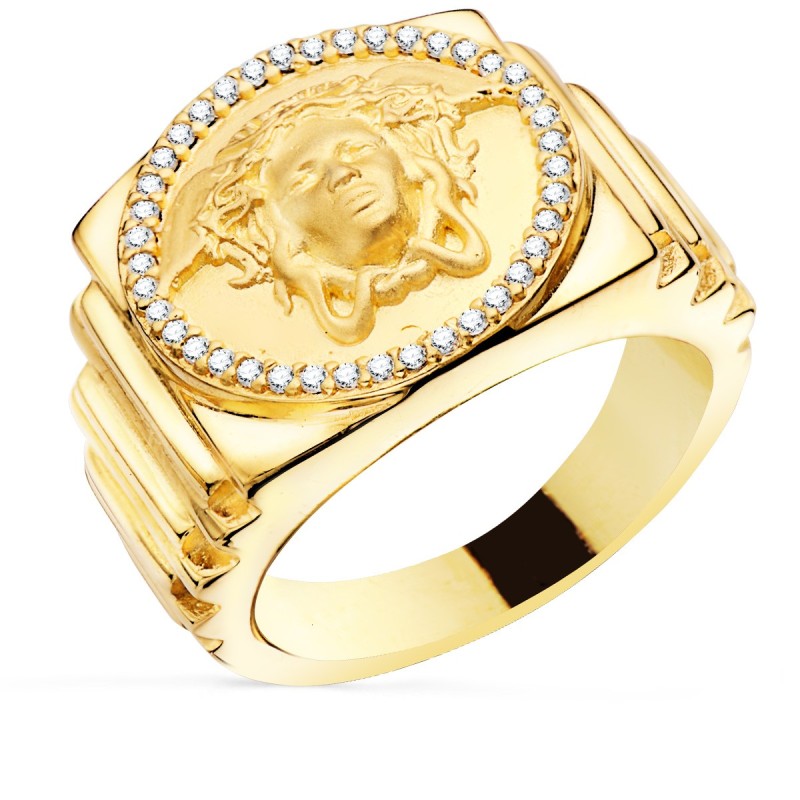 Sello Oro Amarillo Medusa Con Circonita Lateral Escalonado Ancho 19 mm oro 18k