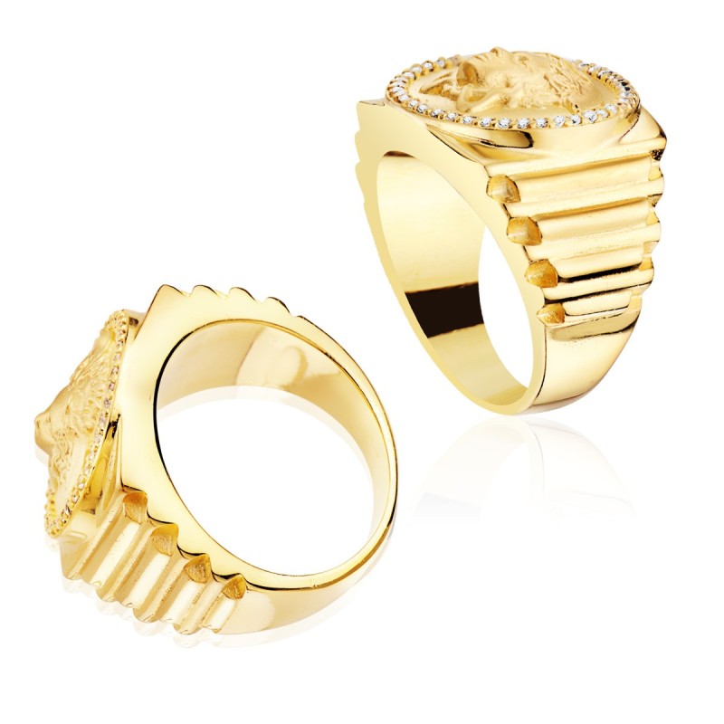 Sello Oro Amarillo Medusa Con Circonita Lateral Escalonado Ancho 19 mm oro 18k